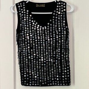 VTG black floral sequin beaded blouse size small 3D embellished metallic party